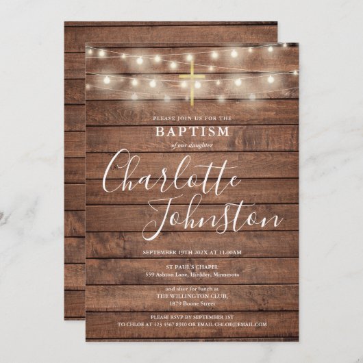 String Lights Rustic Wood Baptisse Christening Einladung (Vorne/Hinten)