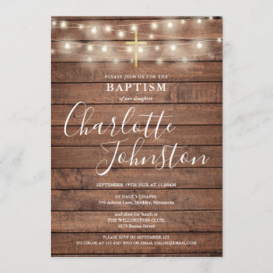 String Lights Rustic Wood Baptisse Christening Einladung