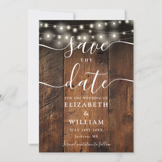String Lights Rustic Wood Barn Boho Foto Wedding Save The Date (Vorderseite)