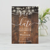 String Lights Rustic Wood Barn Boho Wedding Save The Date (Stehend Vorderseite)
