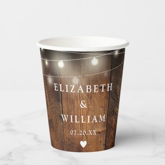String Lights Rustic Wood Boho Barn Wedding Pappbecher (Rückseite)