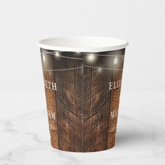 String Lights Rustic Wood Boho Barn Wedding Pappbecher (Rechts)