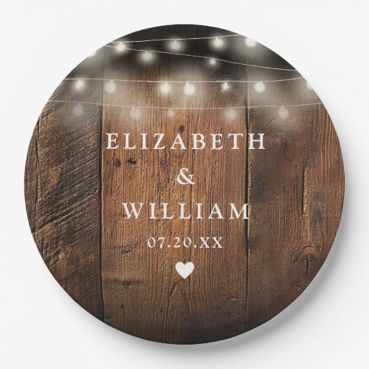 String Lights Rustic Wood Boho Barn Wedding Pappteller (Vorderseite)