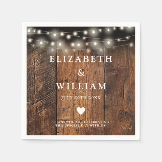 String Lights Rustic Wood Boho Barn Wedding Serviette (Vorderseite)
