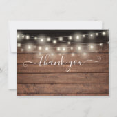 String Lights Rustic Wood Elegantes Skript Dankeskarte (Vorderseite)