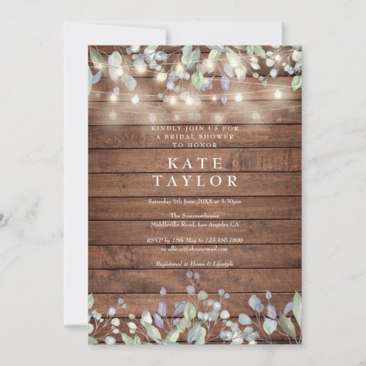 String Lights Rustic Wood Floral Brautparty Einladung (Vorderseite)