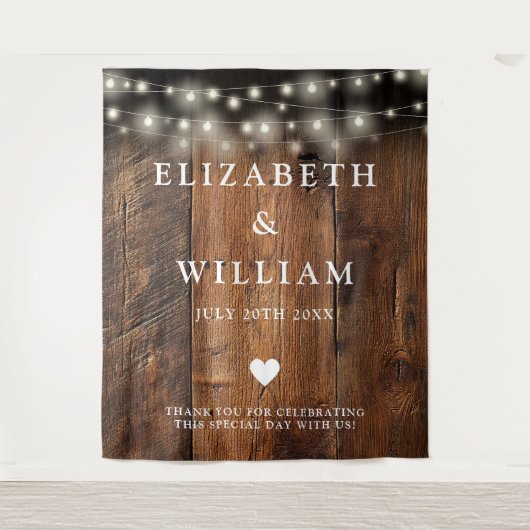 String Lights Rustic Wood Foto Booth Background Wandteppich (Vorderseite)