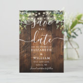 String Lights Rustic Wood Greenerity Wedding Save The Date (Stehend Vorderseite)