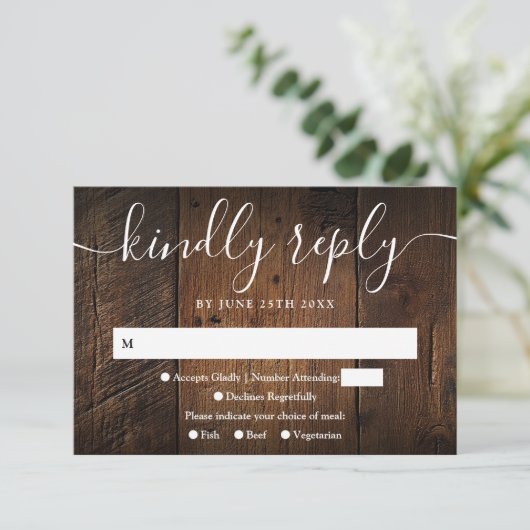 String Lights Rustic Wood Greenery Boho Wedding RSVP Karte (Stehend Vorderseite)