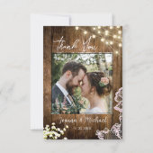 String Lights Rustic Wood & Lace Wedding Vielen Da Dankeskarte (Vorderseite)