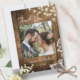 String Lights Rustic Wood & Lace Wedding Vielen Da Dankeskarte