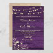 String Lights Rustic Wood Lila Wedding Einladung (Vorne/Hinten)