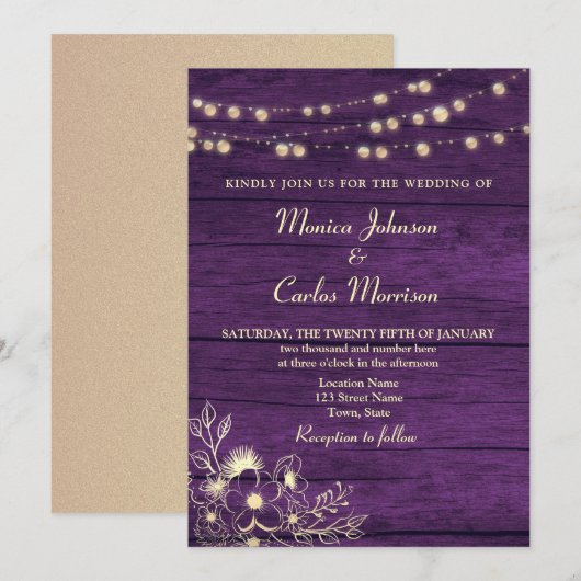 String Lights Rustic Wood Lila Wedding Einladung (Vorne/Hinten)