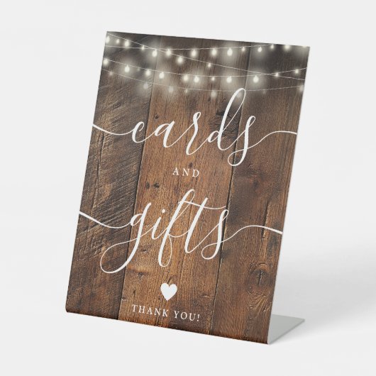 String Lights Rustic Wood Script Cards und Geschen Sockelschild (Vorderseite)