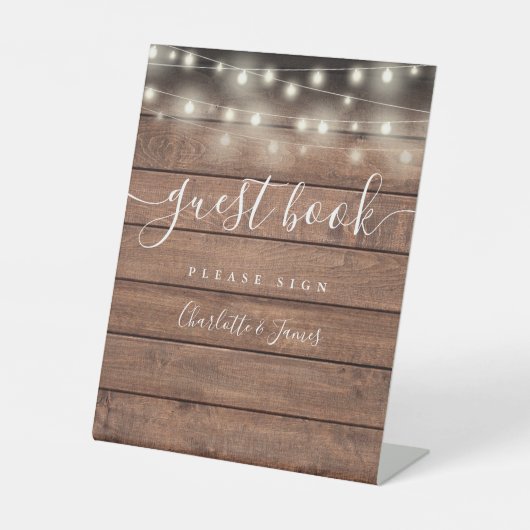 String Lights Rustic Wood Script Gästebuch Sockelschild (Vorderseite)