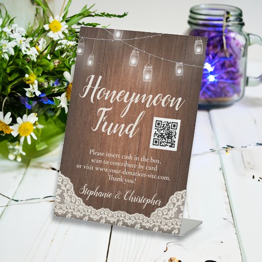 String Lights Rustic Wood Script Honeymoon Fund Sockelschild