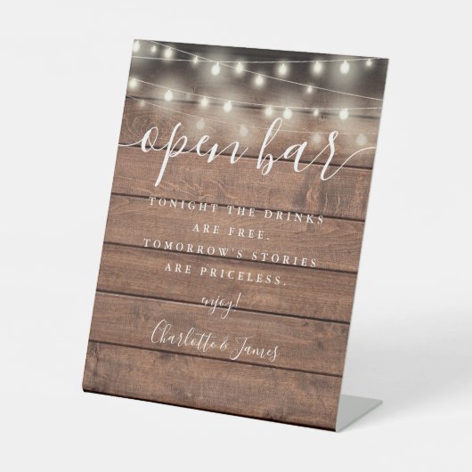String Lights Rustic Wood Script Open Bar Sockelschild (Vorderseite)