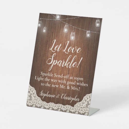 String Lights Rustic Wood Script Sparkler Send-Off Sockelschild (Vorderseite)