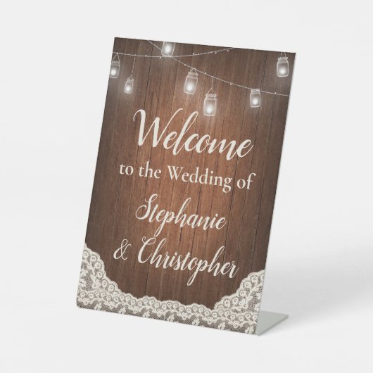 String Lights Rustic Wood Script Willkommen Sockelschild (Vorderseite)