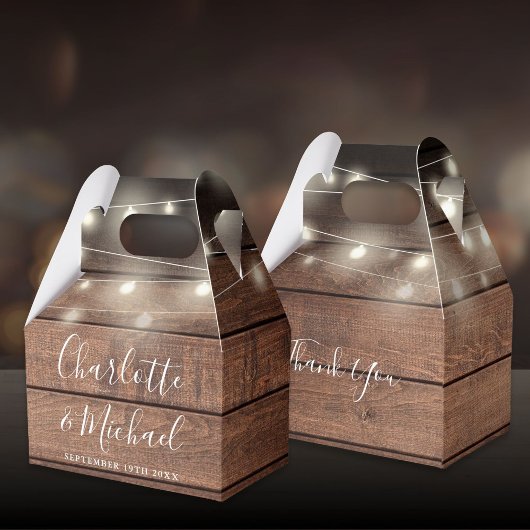 String Lights Rustic Wood Signature Script Hochzei Geschenkschachtel