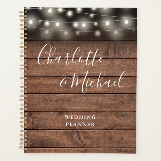 String Lights Rustic Wood Signature Script Hochzei Planer (Vorderseite)