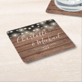 String Lights Rustic Wood Signature Script Hochzei Rechteckiger Pappuntersetzer (angewinkelt)