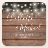 String Lights Rustic Wood Signature Script Hochzei Rechteckiger Pappuntersetzer (Vorderseite)