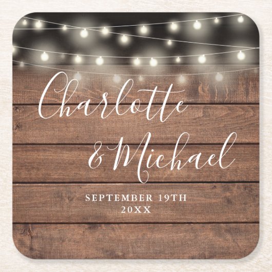 String Lights Rustic Wood Signature Script Hochzei Rechteckiger Pappuntersetzer (Vorderseite)
