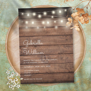 String Lights Rustic Wood Wedding Einladung