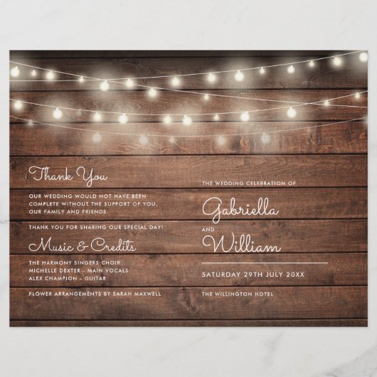String Lights Rustic Wood Wedding Program (Vorderseite)