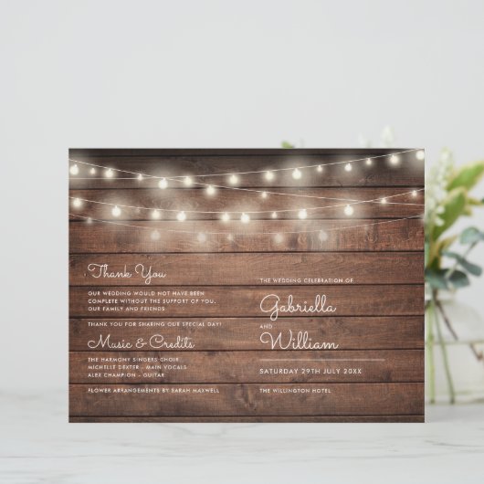 String Lights Rustic Wood Wedding Program (Stehend Vorderseite)