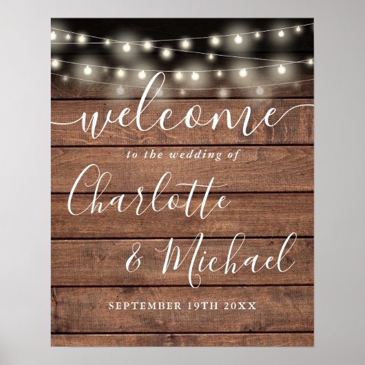 String Lights Rustic Wood Wedding Willkommenszeich Poster (Vorne)