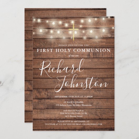 String Lights Rustikales Holz Erste heilige Kommun Einladung (Vorne/Hinten)