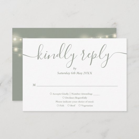 String Lights Sage Green Script Auswahl RSVP Karte (Vorne/Hinten)