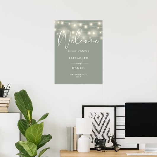 String Lights Sage Green Wedding Welcome Sign Poster (Heimbüro)