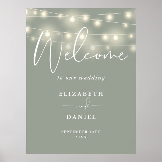 String Lights Sage Green Wedding Welcome Sign Poster (Vorne)