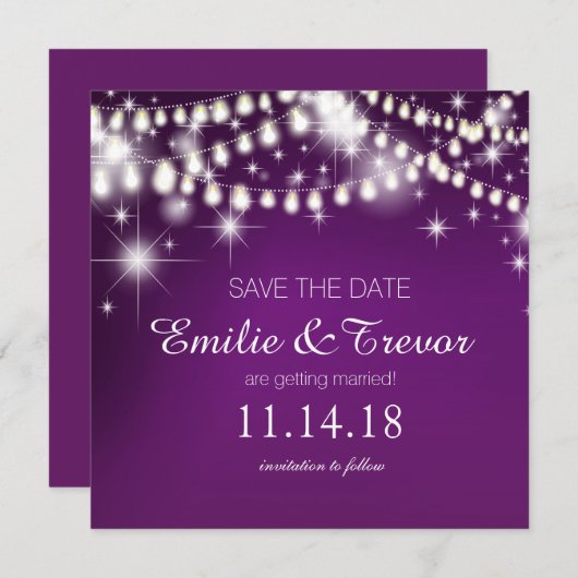 String Lights Save the Date | LILA Einladung (Vorne/Hinten)