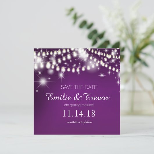 String Lights Save the Date | LILA Einladung (Stehend Vorderseite)