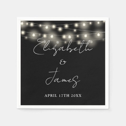 String Lights Script Black and White Wedding Serviette (Vorderseite)