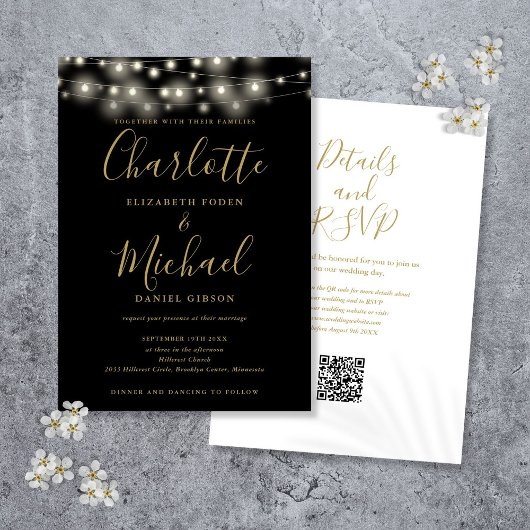 String Lights Script Black Gold QR Code Wedding Einladung