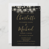 String Lights Script Black Gold QR Code Wedding Einladung (Vorderseite)