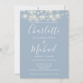 String Lights Script Dusty Blue QR Code Wedding Einladung (Vorderseite)