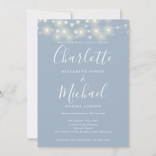 String Lights Script Dusty Blue QR Code Wedding Einladung (Vorderseite)