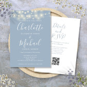 String Lights Script Dusty Blue QR Code Wedding Einladung
