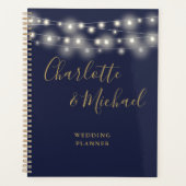 String Lights Script Navy Blue and Gold Wedding Planer (Vorderseite)