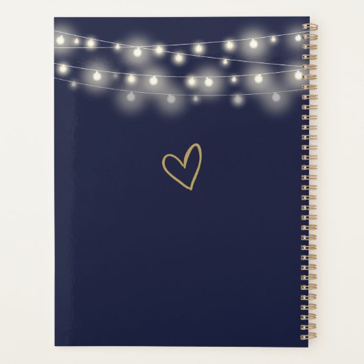 String Lights Script Navy Blue and Gold Wedding Planer (Rückseite)
