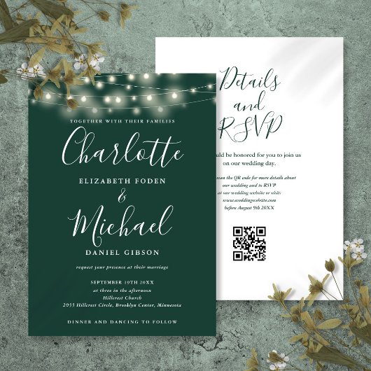 String Lights Script Smarald Green QR Code Wedding Einladung