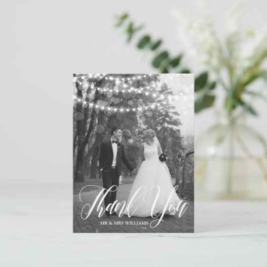 String Lights Script Wedding Foto Vielen Dank Postkarte (Stehend Vorderseite)