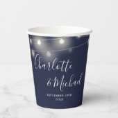 String Lights Signature Script Navy Blue Wedding Pappbecher (Rückseite)
