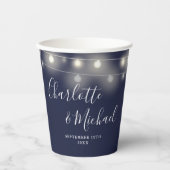 String Lights Signature Script Navy Blue Wedding Pappbecher (Vorderseite)